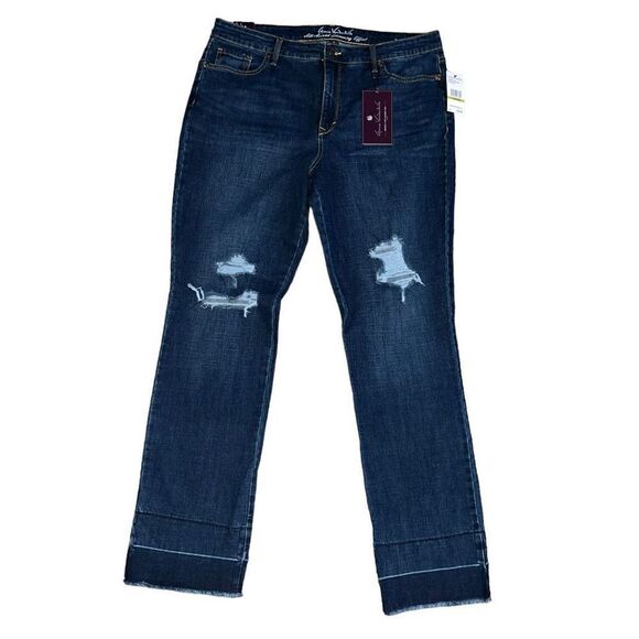 NWT GLORIA VANDERBILT Slim Straight Mid-Rise Dark Wash Distressed Jeans Size 14 - Picture 1 of 8
